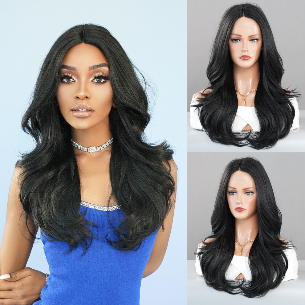 Unisex Black ((Model Features) Tea_60cm 24Inch) New Small T Forehead Lace Wig Natural Mid-Part Curly Hair Chemical Fiber Hair T-Part Lace Wig