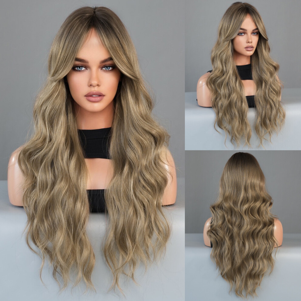 (Bronze gold head dyed_67cm 26Inch) New wig women long curly hair mist tea light brown horoscope wavy chemical fiber wig