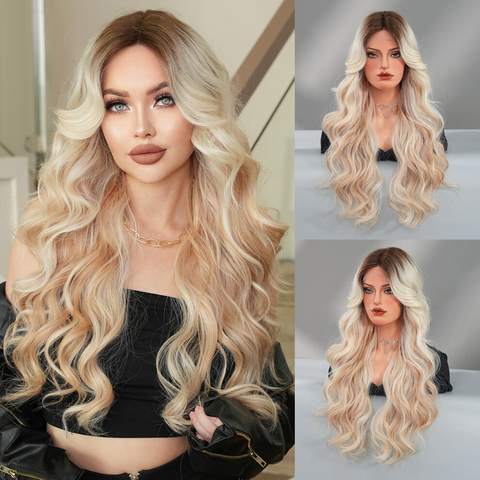 ((Model Features) Brown and white color pick 70cm 28Inch) New women's wavy small T forehead lace wigs Platinum color chemical fiber mechanism hood Lac