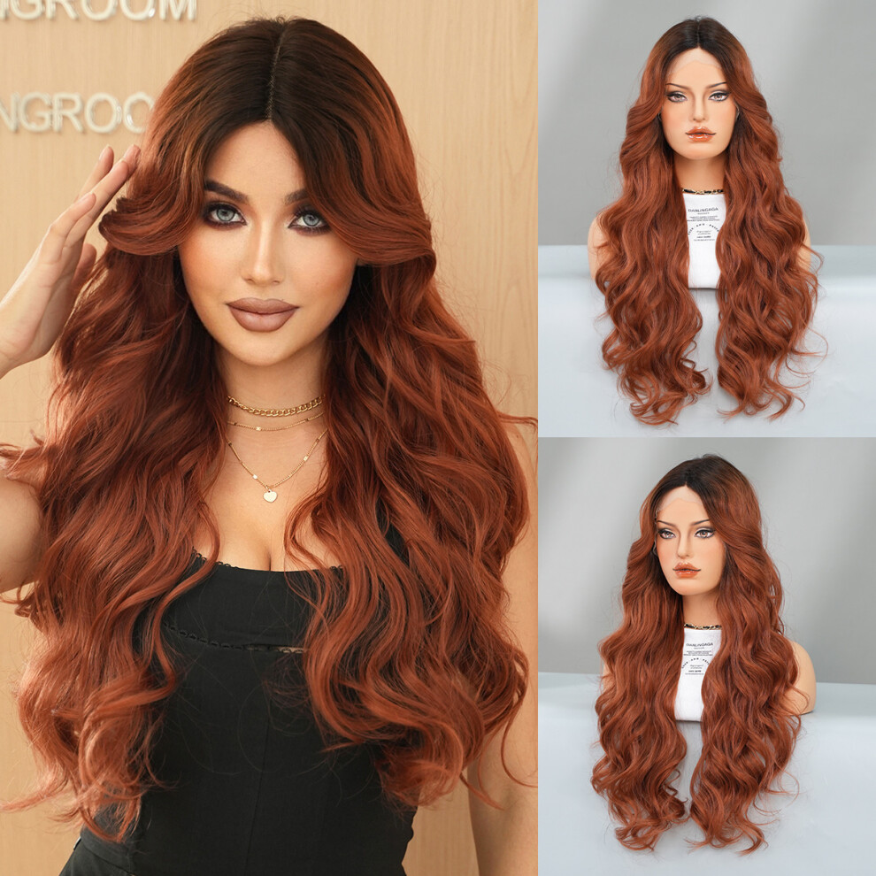 (Caramel Brown 70cm 28Inch) New small t-platinum lace wig long curly hair large waves realistic women's chemical fiber full head hood wig