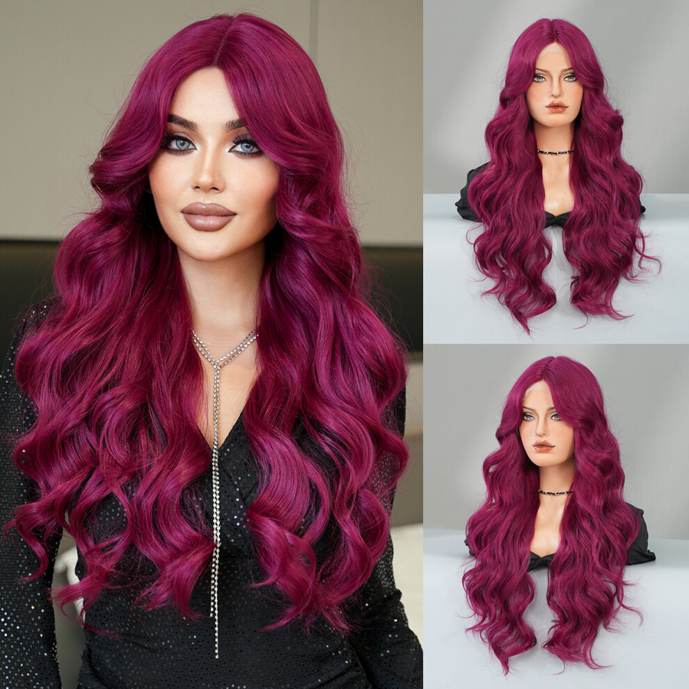 ((customized model) purple-red 70cm 28Inch) New European and American small t-lace wig for women's purple-red body wavy curly hair