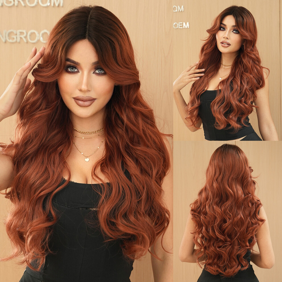 (Caramel Brown 70cm 28Inch) New European and American small t-lace wig for women's purple-red body wavy curly hair