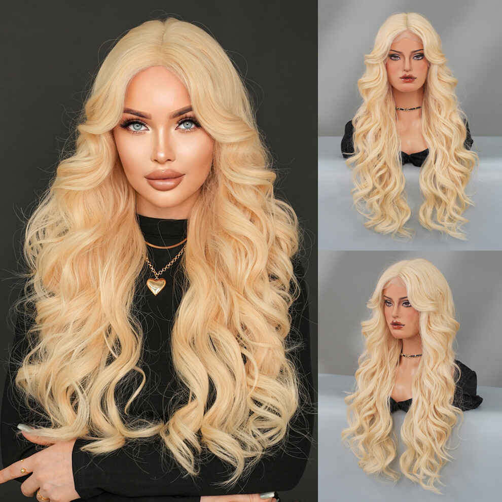 (White Rice Gold 70cm 28Inch) New European and American small t-lace wig for women's purple-red body wavy curly hair