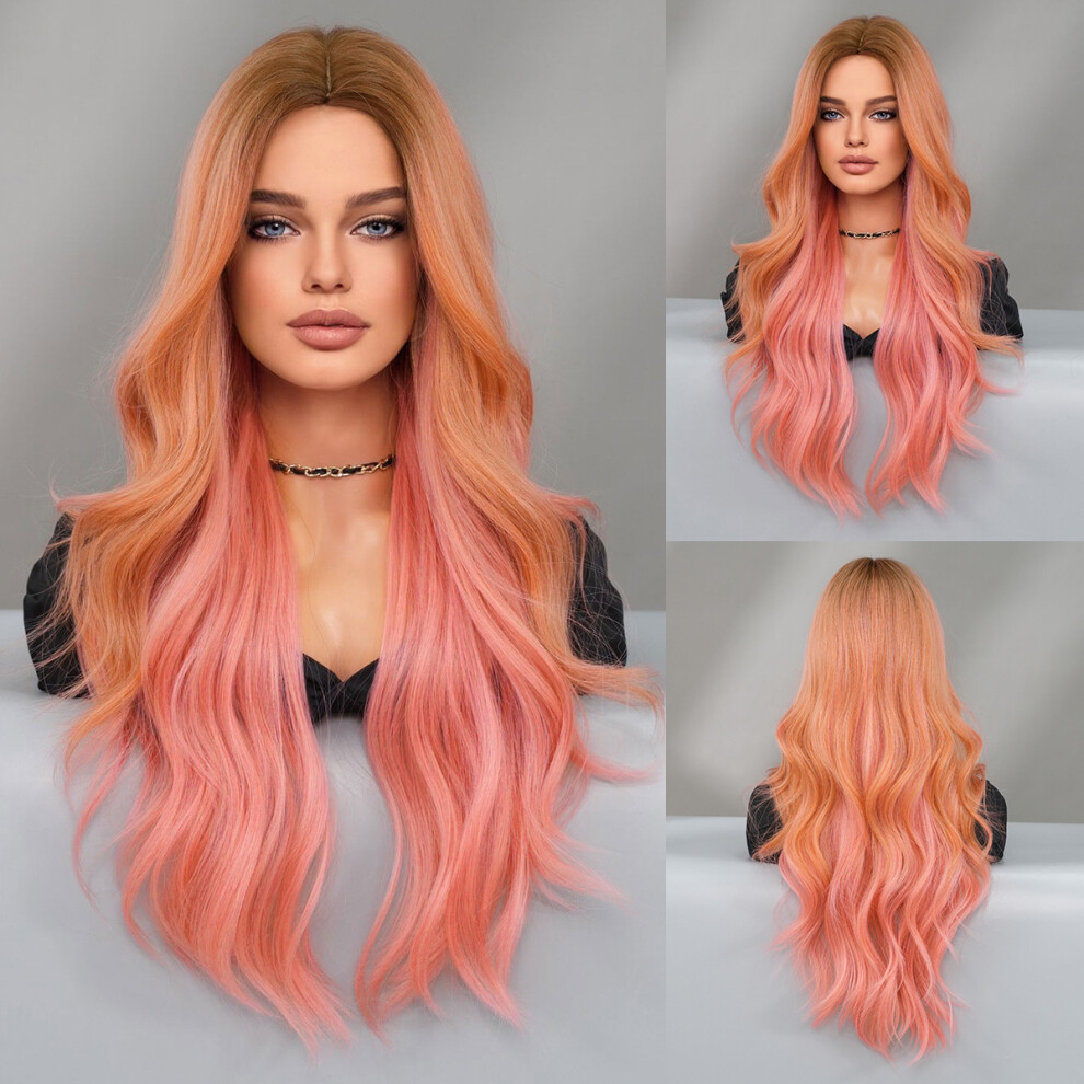 ((Model Features) Pink Brown_68cm 26 inch) New Halloween European and American wig pink gradient curly hair mid-part large wave wig mechanism full hea