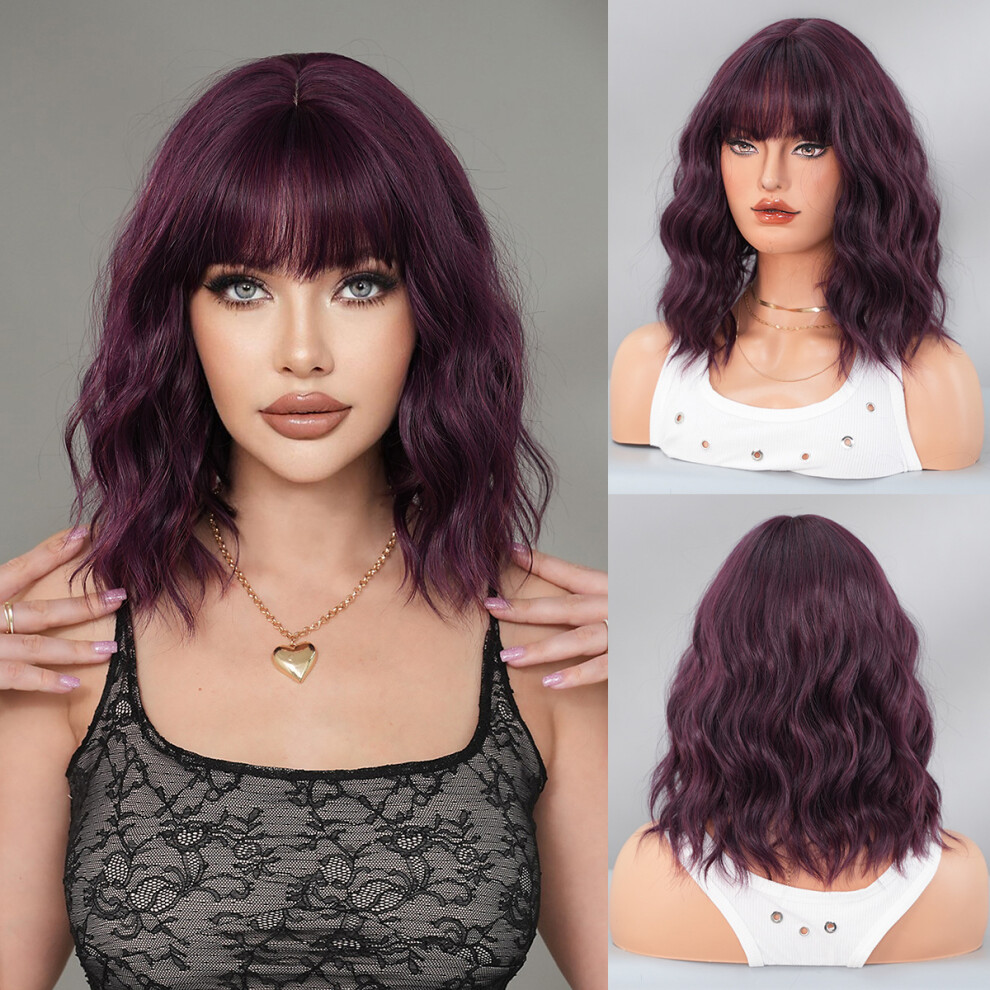 (Blackberry_37cm 14 inch) 2025 Fashion Short Curly Hair Gradient Blue Wig Women Water Ripples Bob Head Chemical Fiber Full Head Set