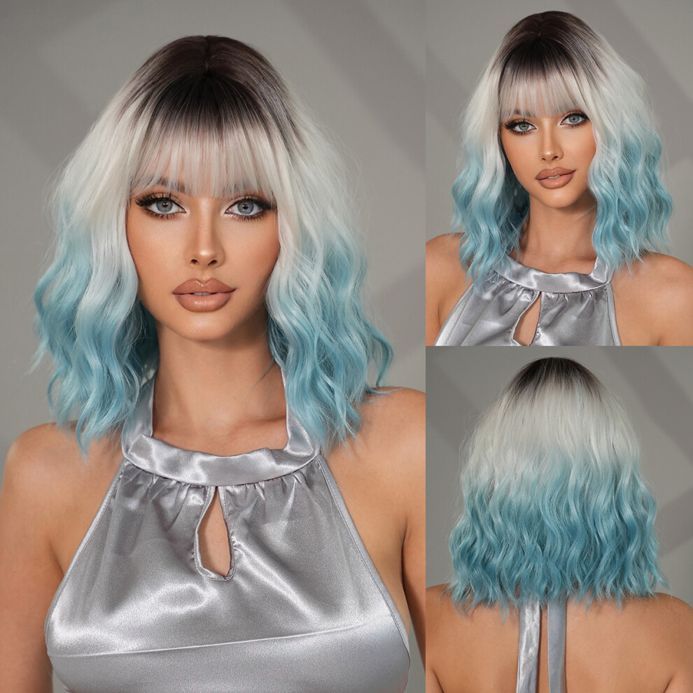 ((Model Features) Salt Water Blue_37cm 14 inch) 2025 Fashion Short Curly Hair Gradient Blue Wig Women Water Ripples Bob Head Chemical Fiber Full Head