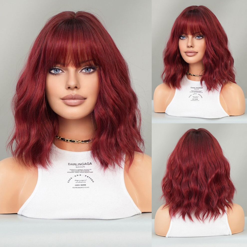 (Burgundy_37cm 14inch) 2025 Fashion Short Curly Hair Gradient Blue Wig Women Water Ripples Bob Head Chemical Fiber Full Head Set