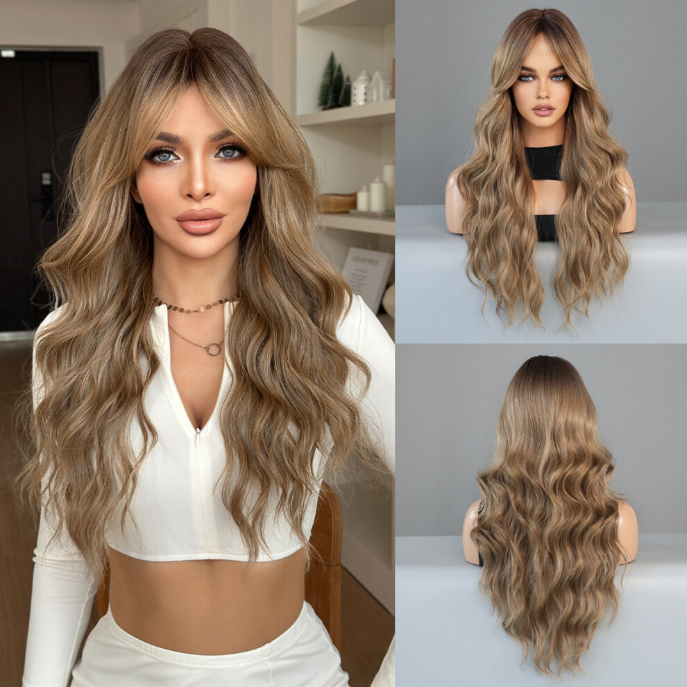 (Bronze gold head dyed_67cm 26.37 inch) New wigs for women's daily black curly wigs with horoscopes high quality chemical fiber high temperature silk