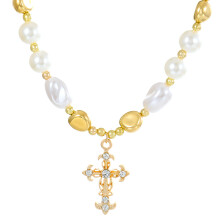 (KC Gold 5337) Alloy retro pearl Cross pendant Accessorize Punk multi-layered sweater necklace feminine chic