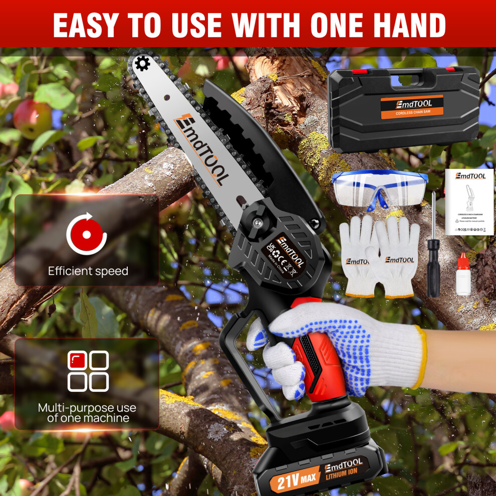 (Red with 2 Batteries) Mini Chainsaw Cordless 6 Inch, Powerful Electric Chain Saw with Case for Garden Tree Cutting & Pruning