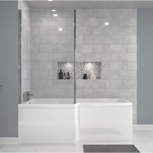 NES Home Nes Home 1700 x 850mm Left Hand L Shaped Shower Bath With Front End Panel & Hinged Shower Screen 2