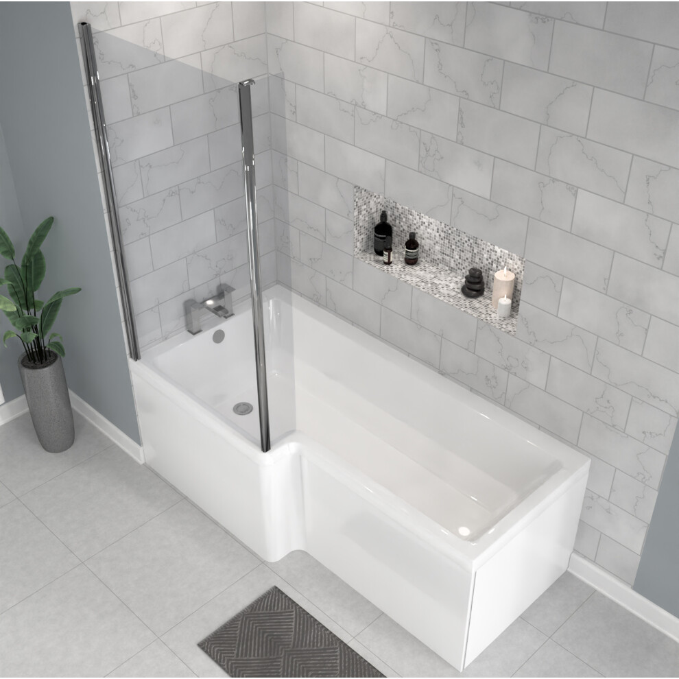 Nes Home 1700 x 850mm Left Hand L Shaped Shower Bath With Front End Panel & Hinged Shower Screen