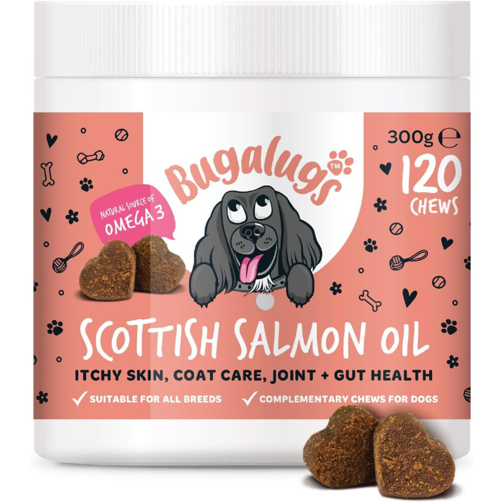 Bugalugs Salmon Scottish Oil Chews For Dogs, Dog Supplement Supports Skin And Coat, Dog Itchy Skin & A Moulting, Omega Fish Oil 120 Chews, Size 3