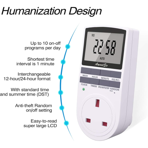 Awootsv Digital Timer Plug Socket with LCD Display 24 Hours/Weekly