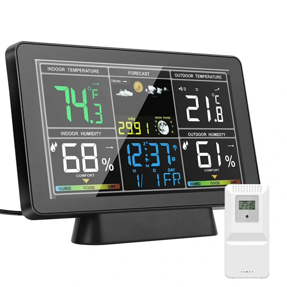 (US Plug) Weather Station Alarm Clock Wireless Indoor Outdoor Thermometer with Atomic Clock / Forecast Station / Air Pressure / Moon Phase