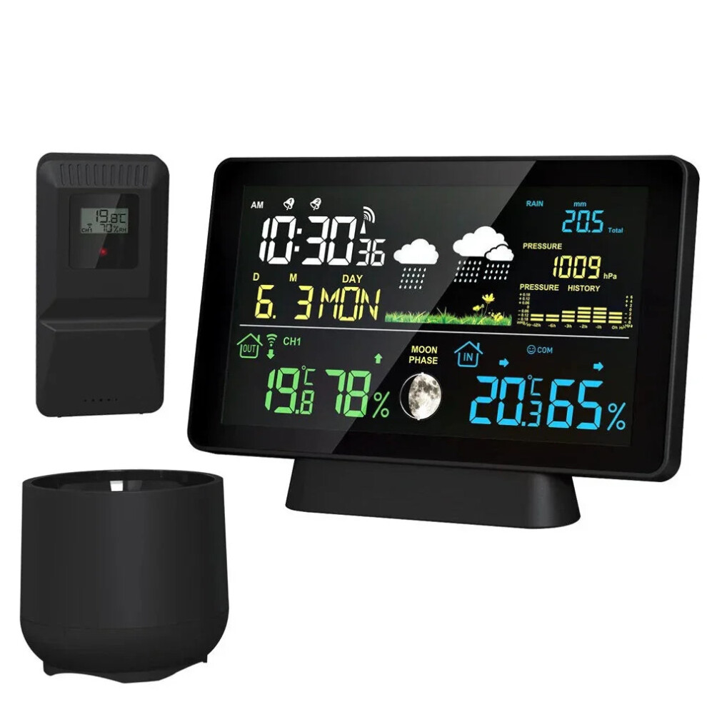 (US Plug) Multi-Function Wireless Weather Station - Indoor/Outdoor Thermometer with Rain Gauge, Humidity, Pressure & Color Screen Alarm Clock