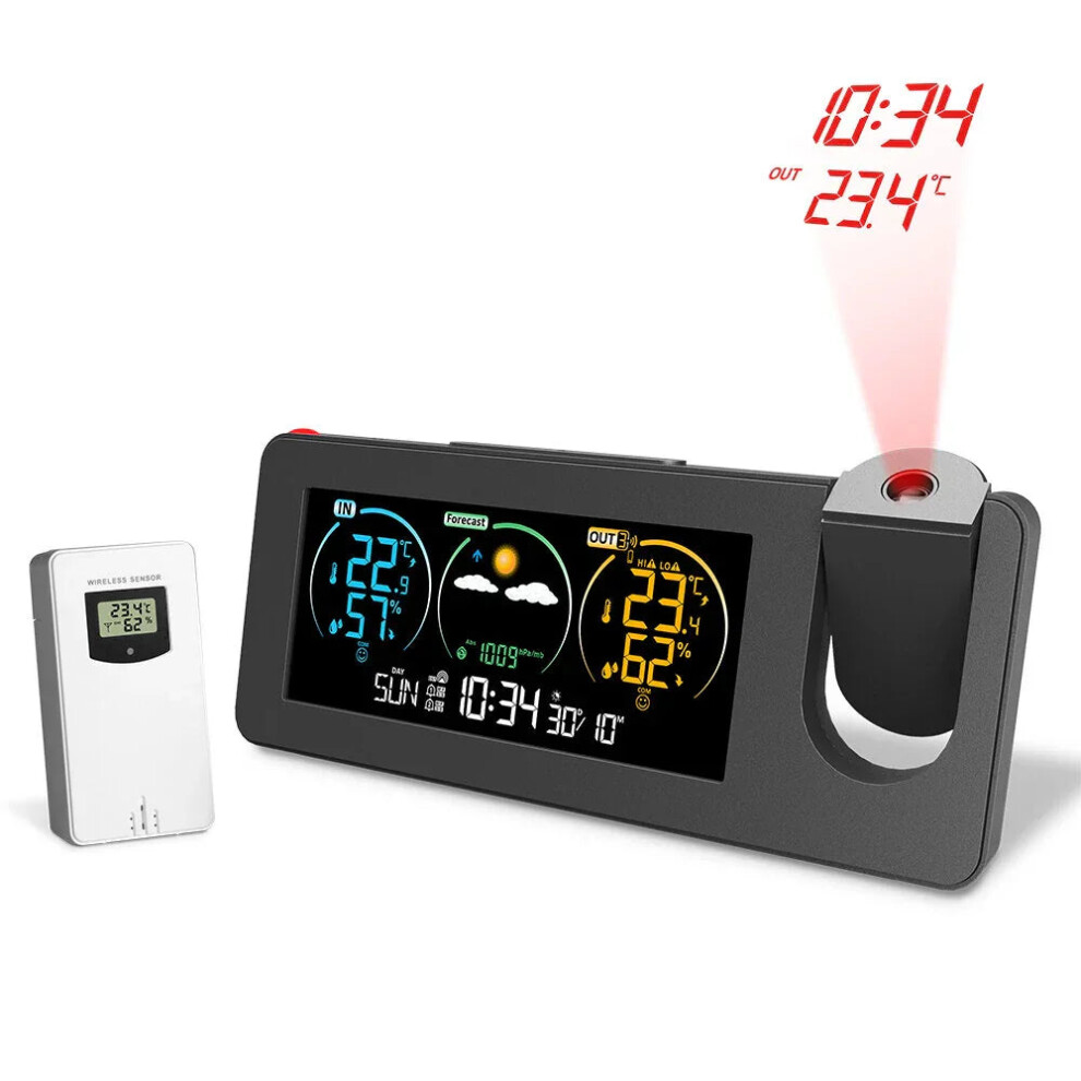 Weather Station Projection Alarm Clock Wireless Indoor Outdoor Thermometer with Atomic Clock and Rotating Projector Forecast Station with Calendar