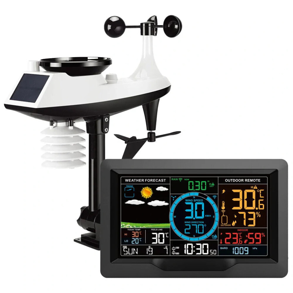 Wireless Weather Station Clock - Indoor/Outdoor Thermometer & Hygrometer with Forecast, Wind/Rain/Moon, Air Pressure Sensor