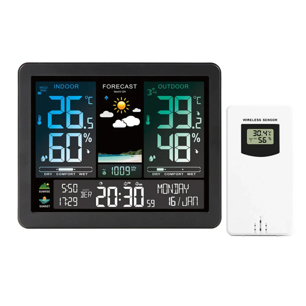 Weather Station Alarm Clock Wireless Indoor Outdoor Thermometer with Atomic Clock Forecast Station with Calendar and Adjustable Backlight