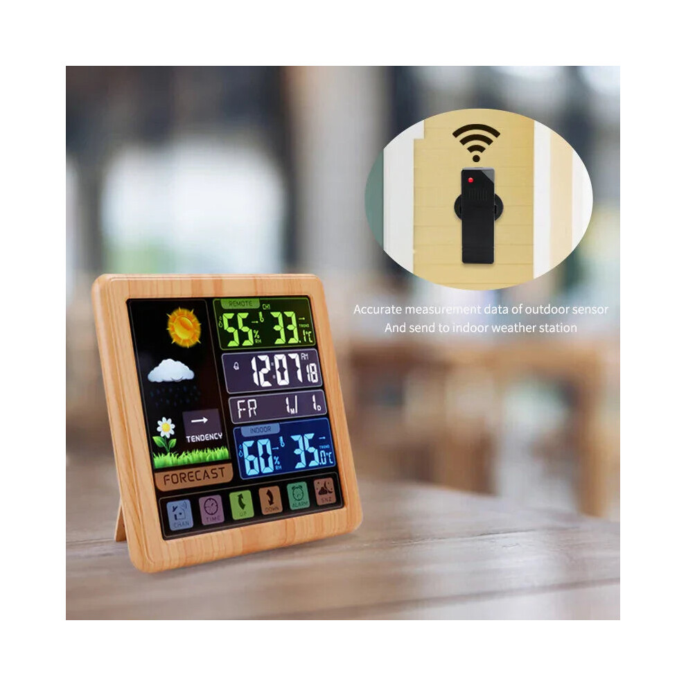 (Wood) Wireless Touch Screen Weather Station Clock – Indoor/Outdoor Temp/Humidity, Atomic Time, Forecast, USB Charger, Snooze