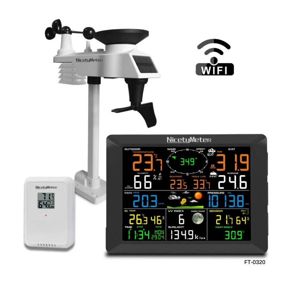 (EU Plug) 7-in-1 WiFi Weather Station with Outdoor Sensor - Temp/Humidity/Pressure/Wind/Rain/Moon Forecast, Wireless Indoor Clock