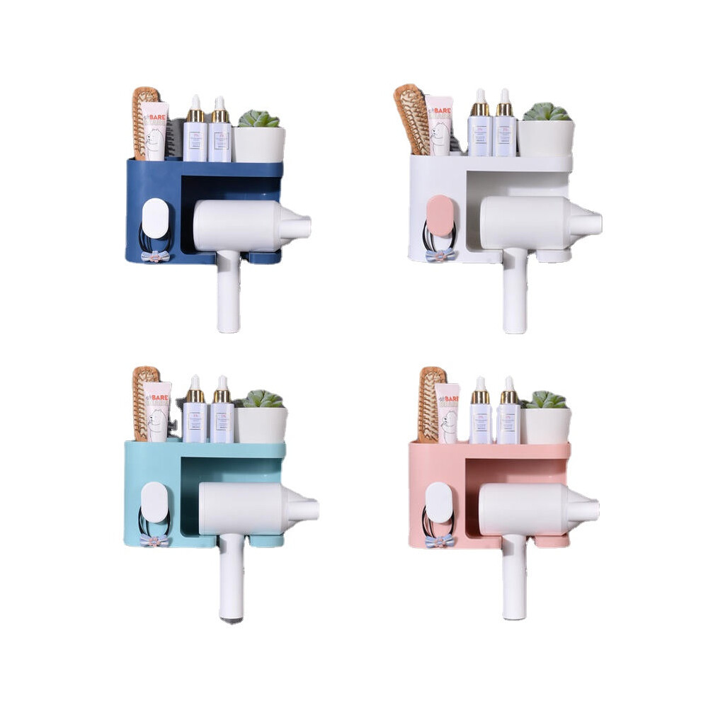 (White) Multifunction Adhesive Hair Dryer Holder Bathroom Hair Blow Drier Holder with Hair Care Tools Storage Baskets