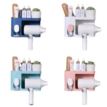 (Dark Blue) Multifunction Adhesive Hair Dryer Holder Bathroom Hair Blow Drier Holder with Hair Care Tools Storage Baskets