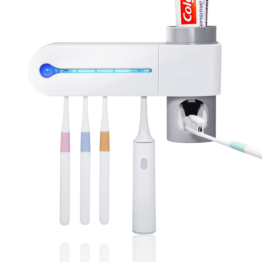 (EU Plug) Multi-Toothbrush Sterilizer UV Sterilizer Toothbrush Holder Cleaner & Automatic Toothpaste Dispenser