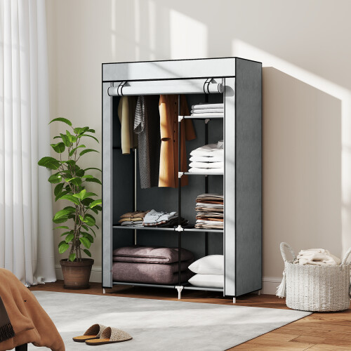 Homcom HOMCOM Fabric Wardrobe w/ Shelves Hanging Rail Foldable Closets Light Grey