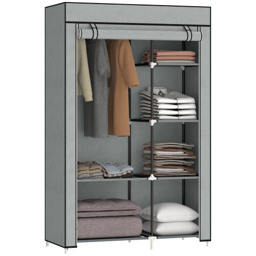 Homcom HOMCOM Fabric Wardrobe w/ Shelves Hanging Rail Foldable Closets Light Grey 1