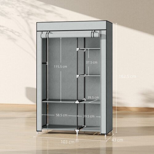 Homcom HOMCOM Fabric Wardrobe w/ Shelves Hanging Rail Foldable Closets Light Grey 2