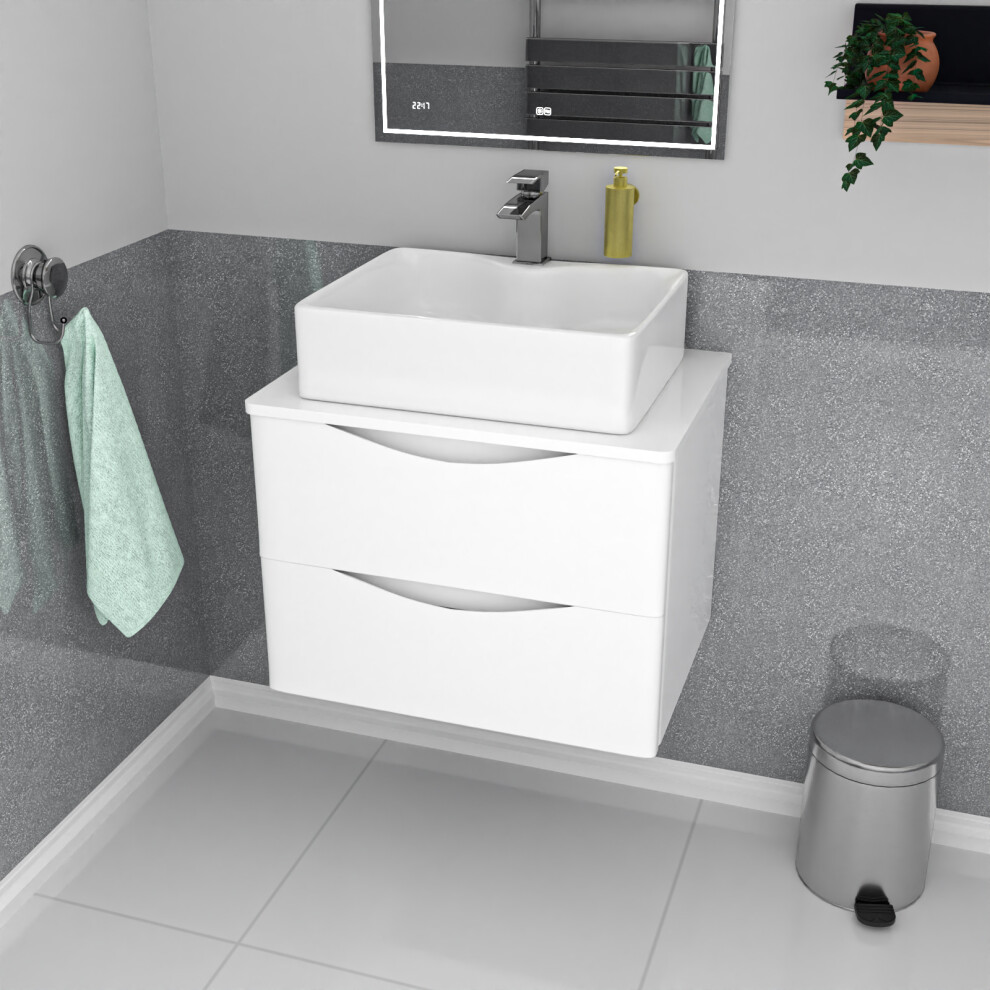 Nes Home 600mm White Wall Hung Vanity Unit, Worktop With Square Bowl Basin