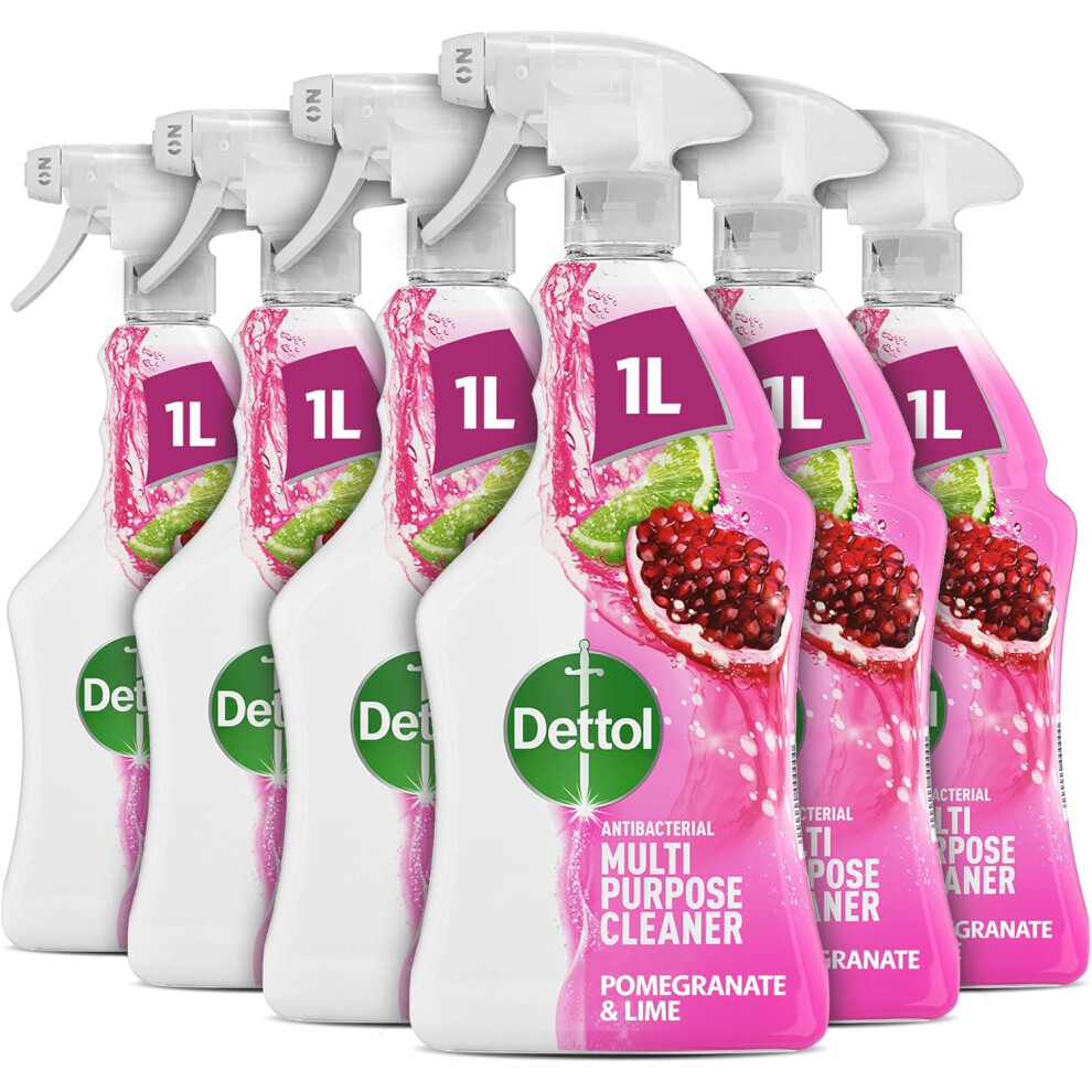 Dettol Antibacterial Disinfectant Spray Pomegranate& Lime 6-Pack 6X1l Total 6L Kills 99.99% Of Germs Kitchen Household Cleaner First Aid Box Essential