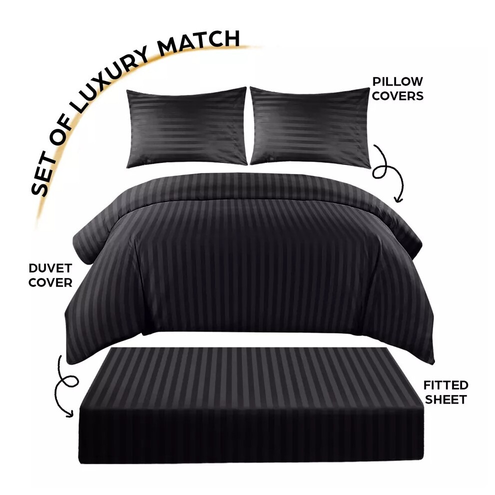 (Double , Black) Hotel Quality Stripe Duvet Cover Luxury 4-Piece Complete Bedding Set Quilt Cover With Fitted Sheet & Pillowcases