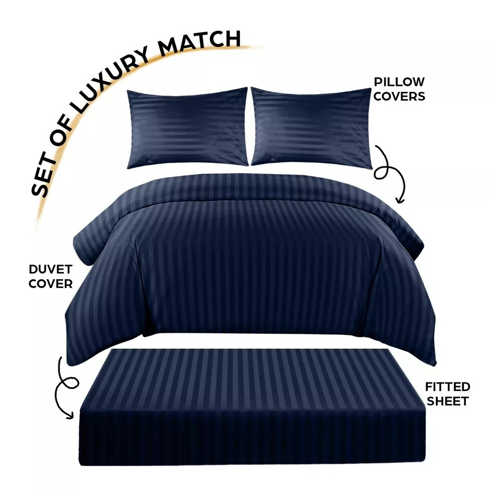 (Double , Navy) Hotel Quality Stripe Duvet Cover Luxury 4-Piece Complete Bedding Set Quilt Cover With Fitted Sheet & Pillowcases