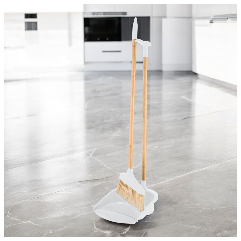 (White) Long Handled Bamboo Floor Pan & Broom Sweeper 73cm