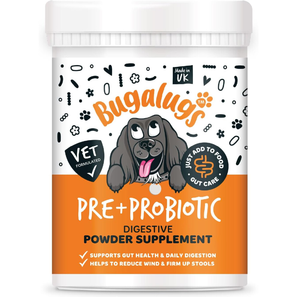 Bugalugs Probiotics For Dogs - Powder, Simple To Add To Food - Complete Daily Digestive Support With Probiotics & Prebiotics For Healthy Dogs (200G)
