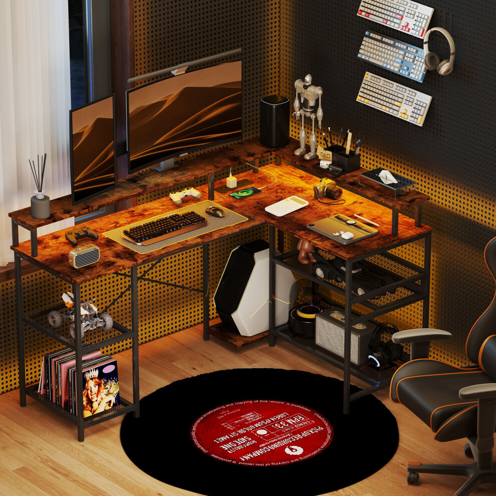 L Shaped Gaming Desk with LED Lights Power Outlets USB Ports Rustic Brown - Image 5