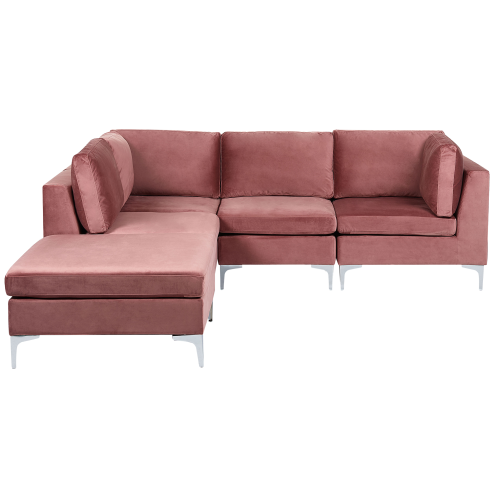 Modular Corner Sofa EVJA Velvet Pink with Ottoman 4 Seater Right Hand