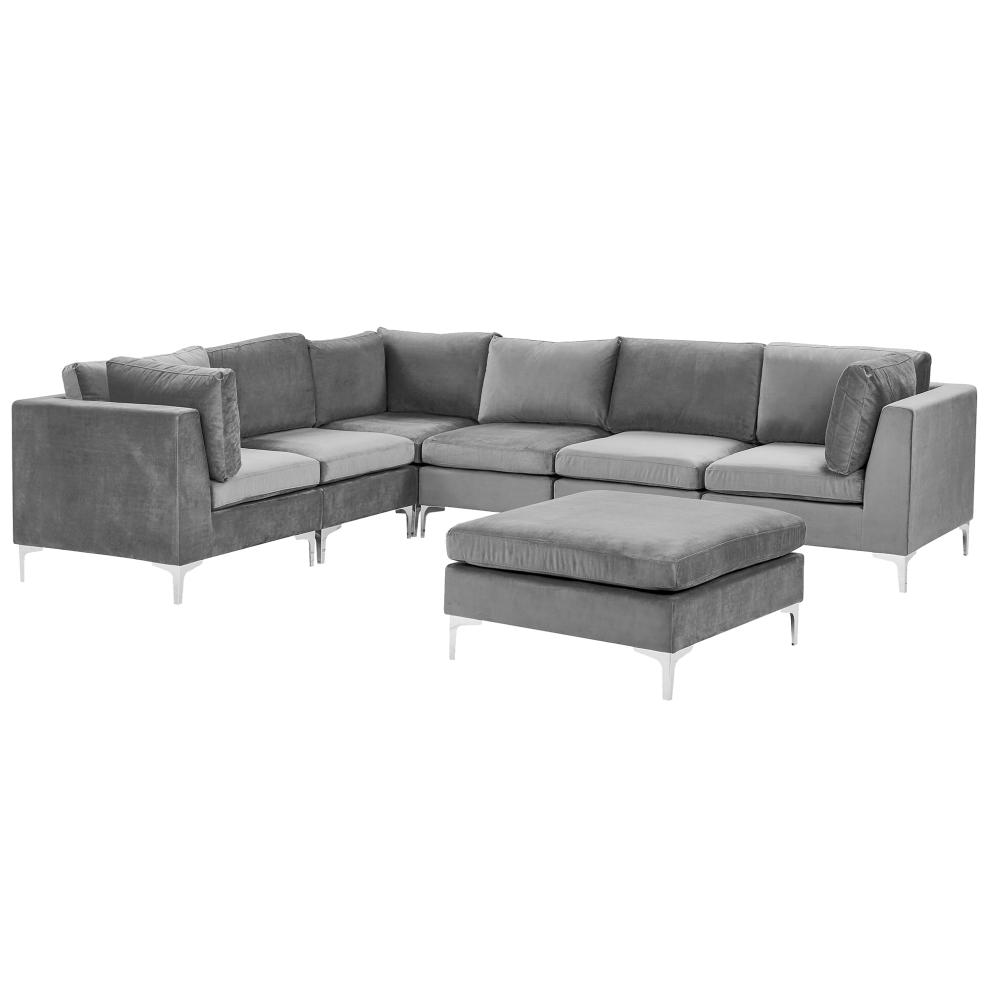 Modular Corner Sofa EVJA Velvet Grey with Ottoman 6 Seater Right Hand