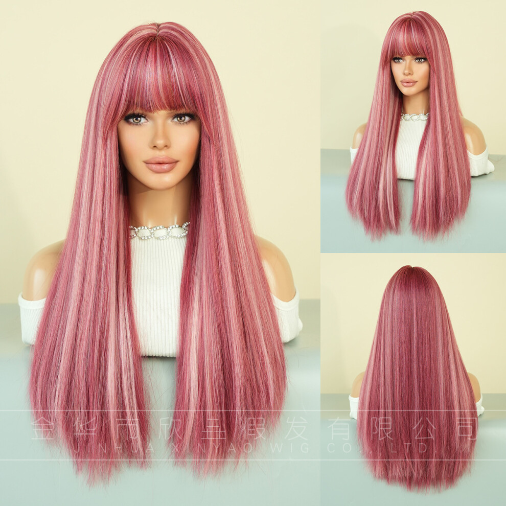(Pink and white highlight_68cm 26.77Inch) New European and American wig women with long straight hair gradient milk tea Platinum Internet celebrity mo