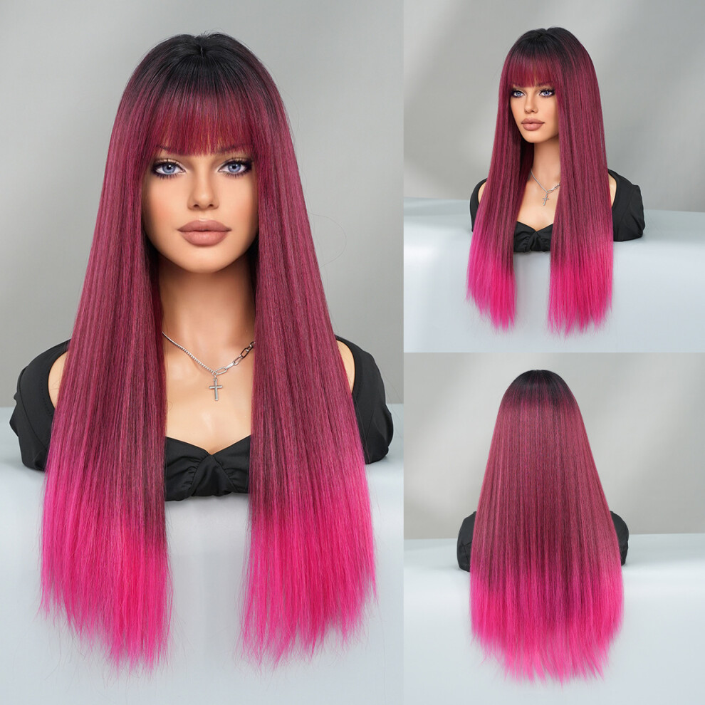 (Rose Powder Gradient_68cm 26.77Inch) New European and American wig women with long straight hair gradient milk tea Platinum Internet celebrity model