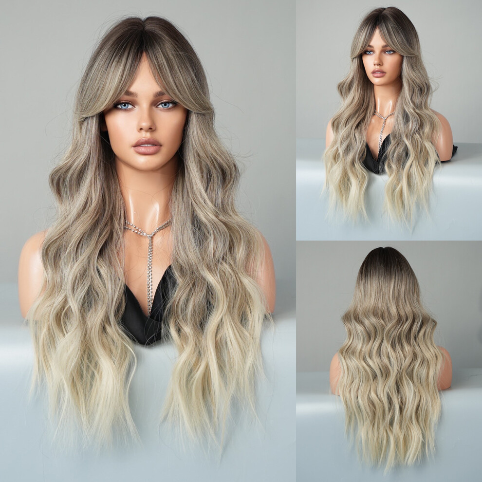 ((Model Features) Milk Tea Brown_70cm 28 Inch) New European and American fashion long curly hair milk tea brown wig women's horoscope wavy chemical fi