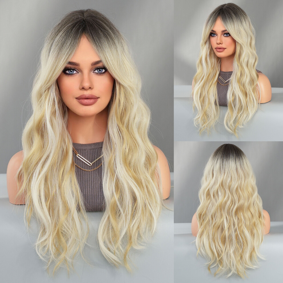 (Rice brown color pick_64cm 25 Inch) New European and American fashion long curly hair milk tea brown wig women's horoscope wavy chemical fiber full h