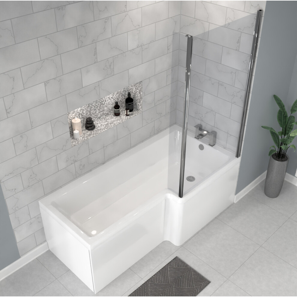 Nes Home 1700 x 850mm Right Hand L Shaped Shower Bath With Front End Panel & Hinged Shower Screen