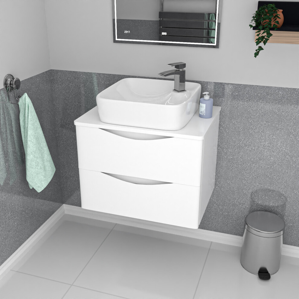 Nes Home 600mm Wall Hung White Vanity, Worktop & Square Rounded Corner Basin