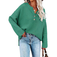 (2XL,Green)Chandail à manches longues en tricot gaufré à col en V avec boutons pour femmes pour l'automne et l'hiver