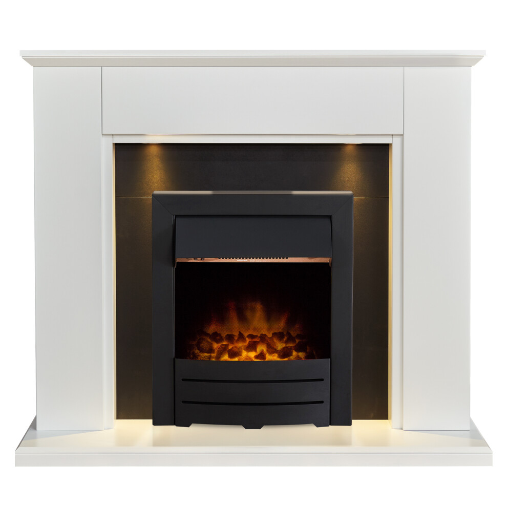 Adam Eltham Fireplace in Pure White & Black with Downlights & Colorado Black Electric Fire, 45 Inch