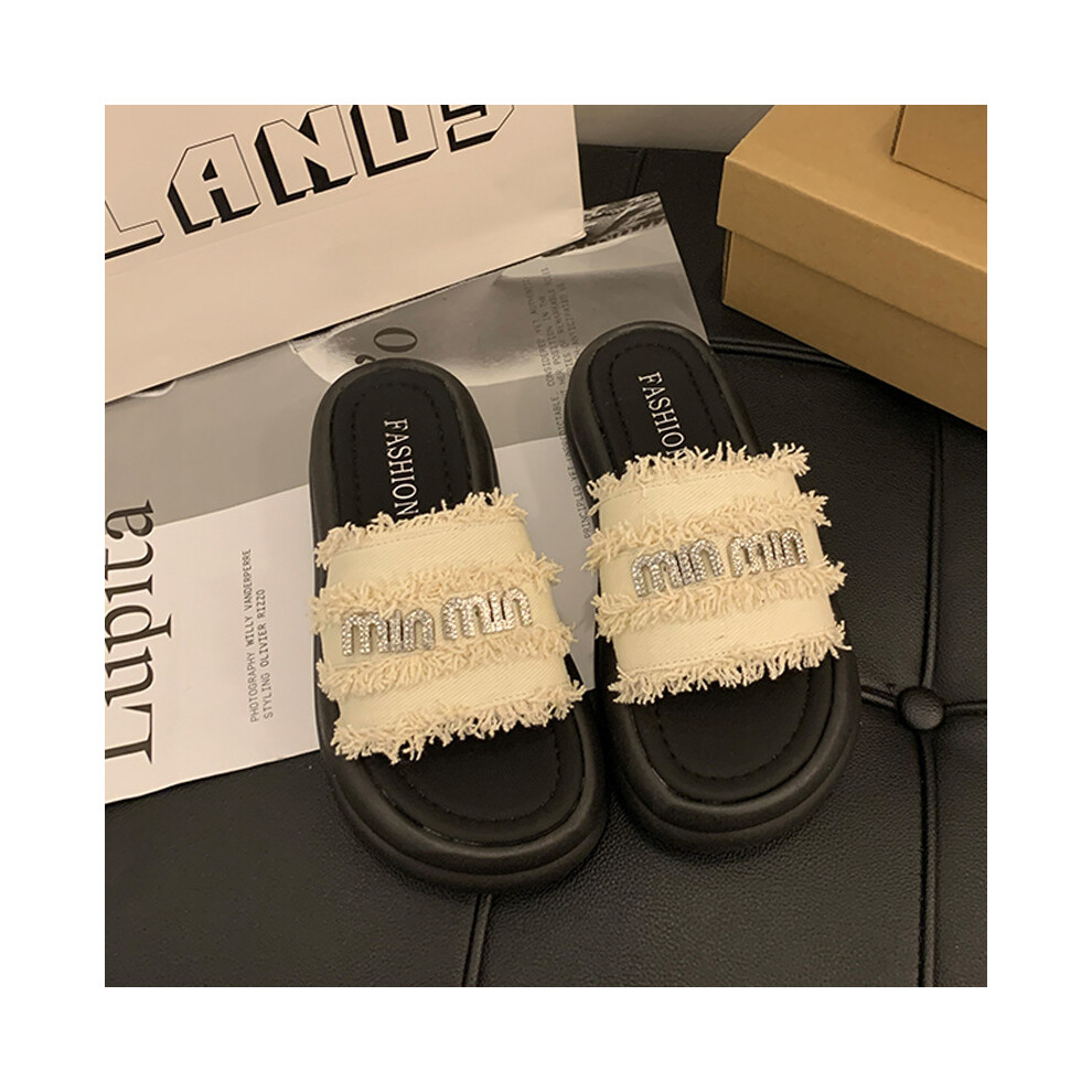 (OffWhite, 38) Beautiful Summer Womens Dressy Slide Sandals With Soft Pu Material Design And Trendy