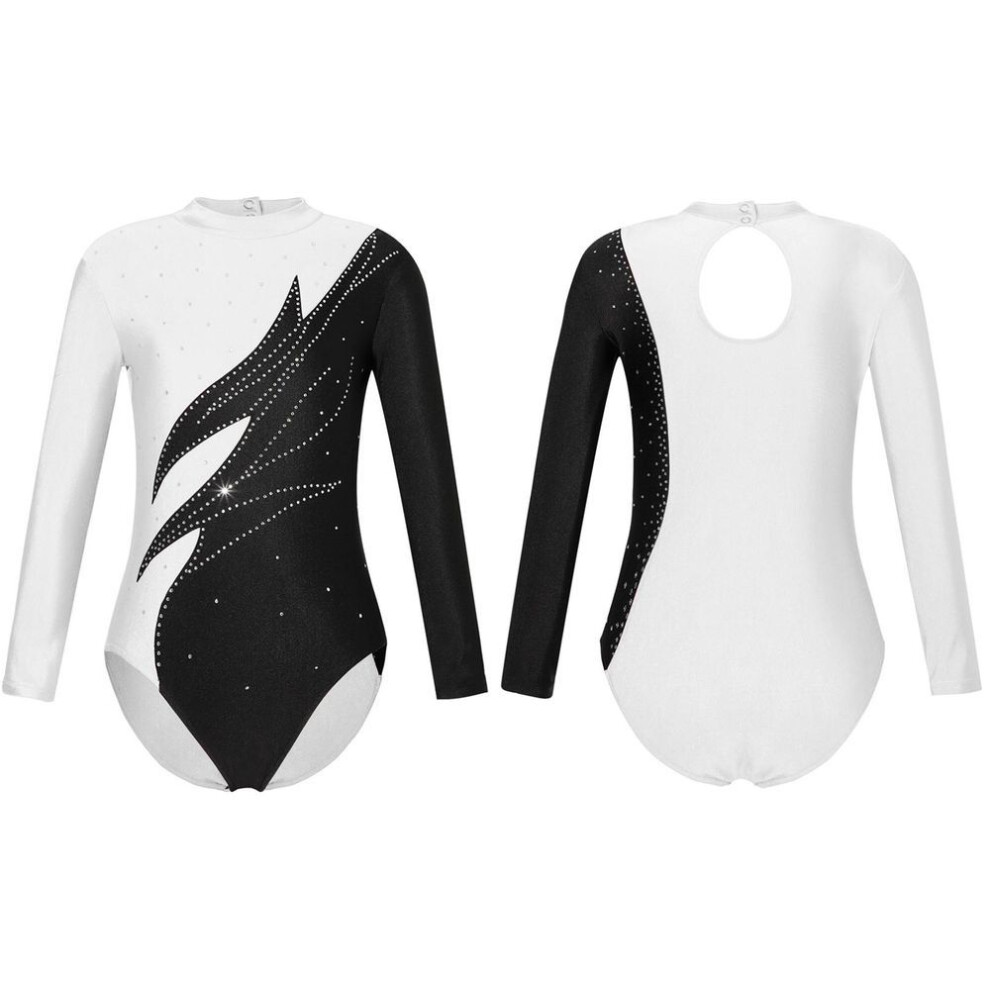 (white, 15-16 Years) Gymnastics Leotards For Girls Long Sleeve Shiny Rhinestones Athletic Dance Leotard Gymnastics Outfit